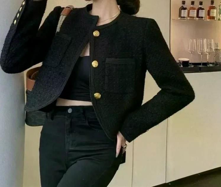 여친룩 블랙 거친 트위드 자켓 여성 자른 모직 여성용 짧은 스타일 겉옷 - 상세 이미지 2