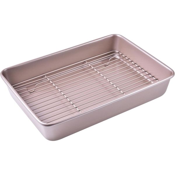 랙이 있는 로스팅 팬 논스틱 직사각형 딥 접시 오븐오븐 베이킹용 BBQ 베이크웨어 13.78인치 x 9.84인치 2.36인치 샴페인 골드 01- 13 Deep... 