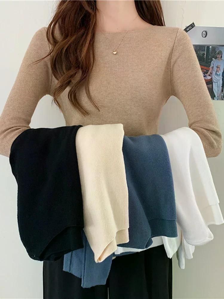 여성용 스웨터 슬래시 넥 슬림 니트 풀오버 세련된 기본 솔리드 점퍼 여성 캐주얼 저지 탑 가을 겨울 블랙 - 상세 이미지 2