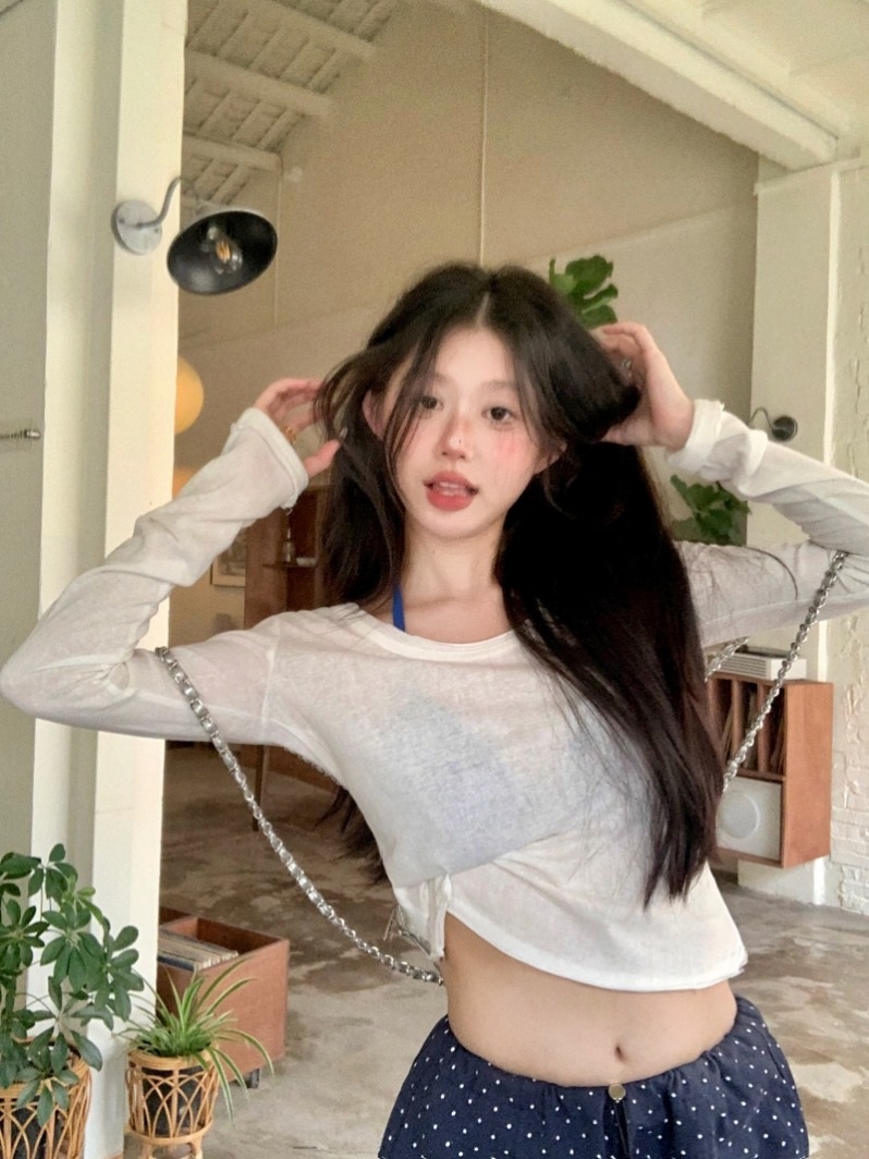 미란이 티셔츠 시스루 인스타그램 간절기 라운드넥 의상 옷 패션 - 상세 이미지 5