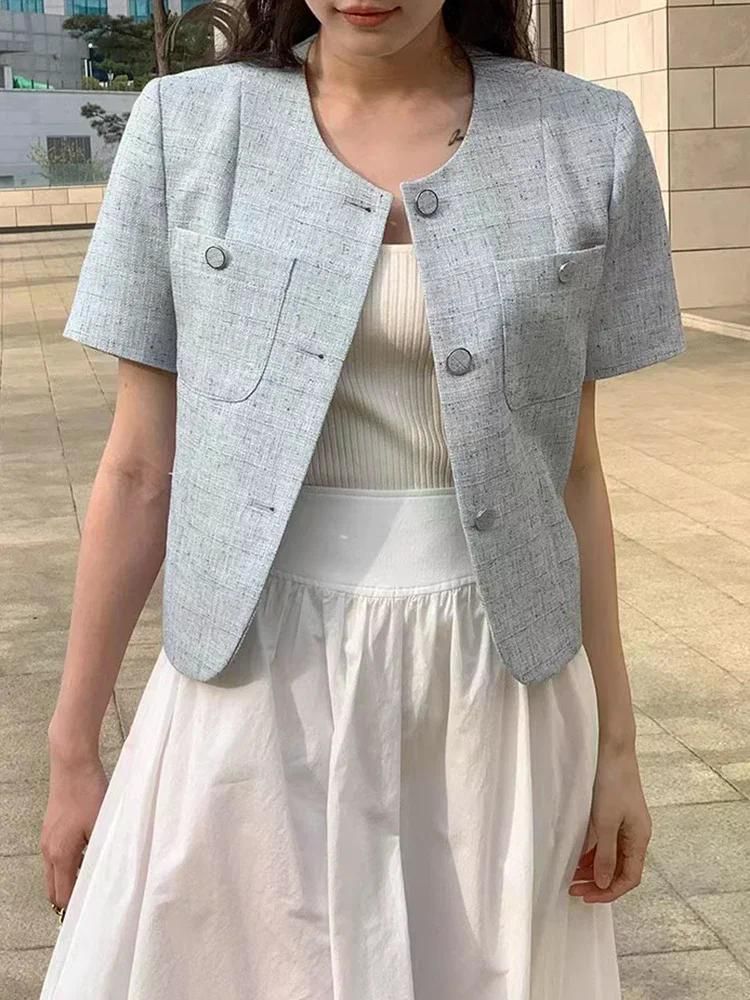 가을 스위트 트위드 라운드 넥 혼합 색상 버튼 루즈 피트 캐주얼 다목적 반팔 자켓 여성용 Pink - 상세 이미지 4