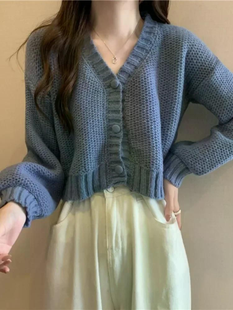 여친룩 여성용 V넥 단추 카디건 캐주얼 니트 스웨터 코트 스위트 2023 가을 겨울 GREEN - 상세 이미지 3