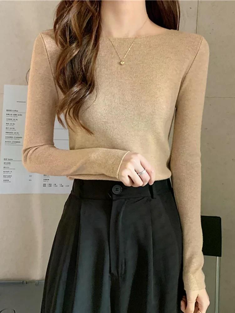 여성용 스웨터 슬래시 넥 슬림 니트 풀오버 세련된 기본 솔리드 점퍼 여성 캐주얼 저지 탑 가을 겨울 블랙 - 상세 이미지 5