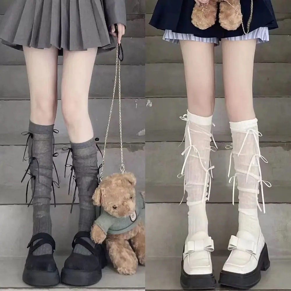발레코어양말 리본삭스 귀여운 양말 로리타 무릎높이 - 상세 이미지 2