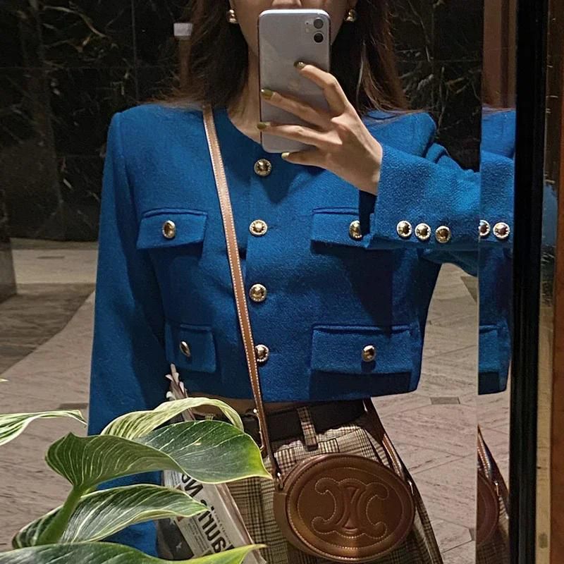 가을 여친룩 여친 스타일 라운드 넥 금속 버클 루즈 피트 캐주얼 긴 소매 자른 자켓 여성용 - 상세 이미지 3