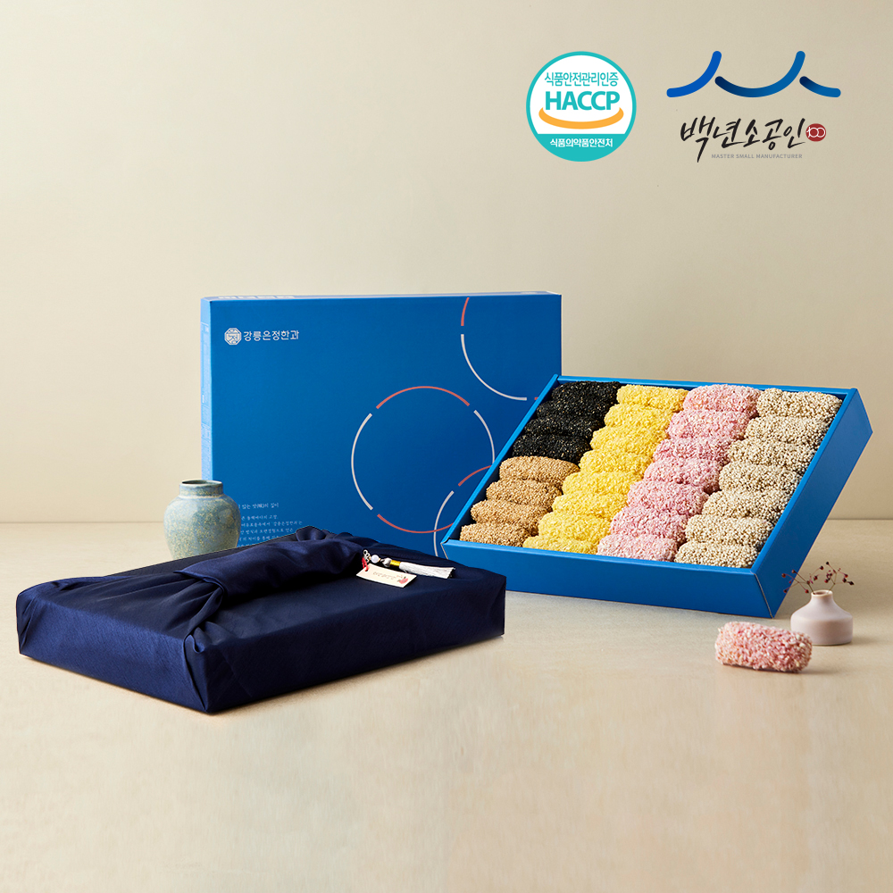 강릉 한과 수제 전통 찹쌀유과 강정화 2단 선물세트  명절 설날 추석 선물 부모님 보자기 - 상품 이미지