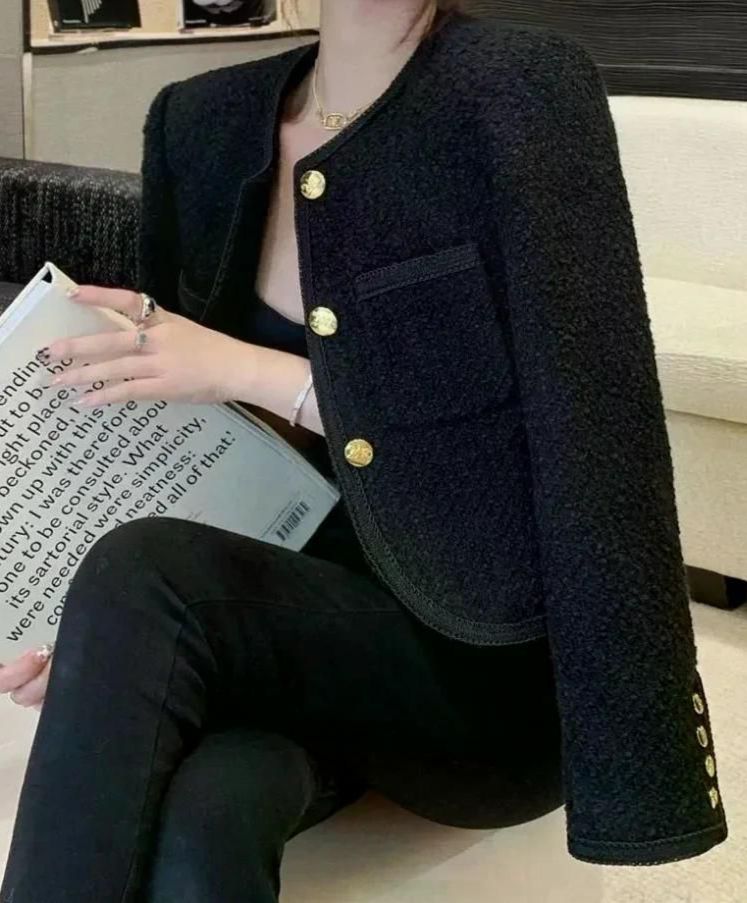 여친룩 블랙 거친 트위드 자켓 여성 자른 모직 여성용 짧은 스타일 겉옷 - 상세 이미지 5