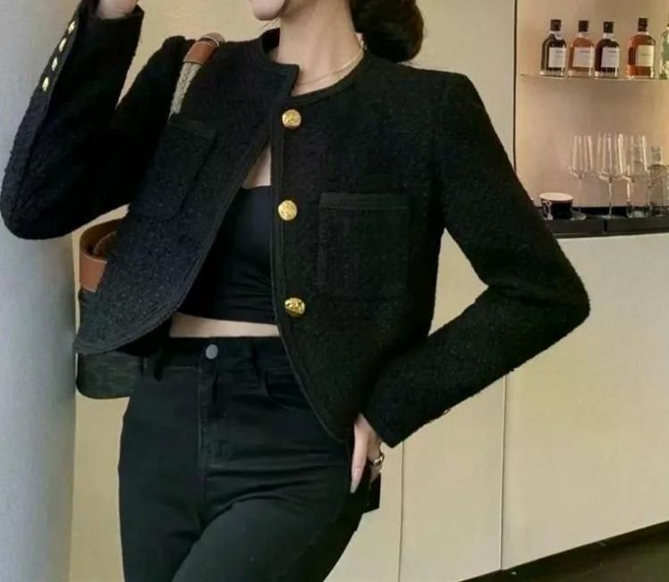여친룩 블랙 거친 트위드 자켓 여성 자른 모직 여성용 짧은 스타일 겉옷 - 상세 이미지 4