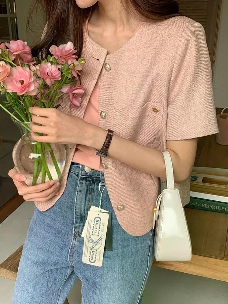 여친룩 스타일 우아한 트위드 짧은 소매 정장 재킷 여성 여름 캐주얼 자른 탑 Pink - 상세 이미지 2