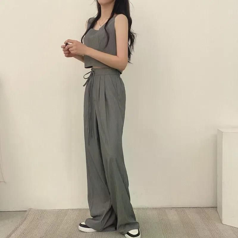 여친룩 세련된 캐주얼 투피스 우아한 여성 여름 새로운 스퀘어 칼라 조끼 바지 세트 정장 Grey - 상세 이미지 5