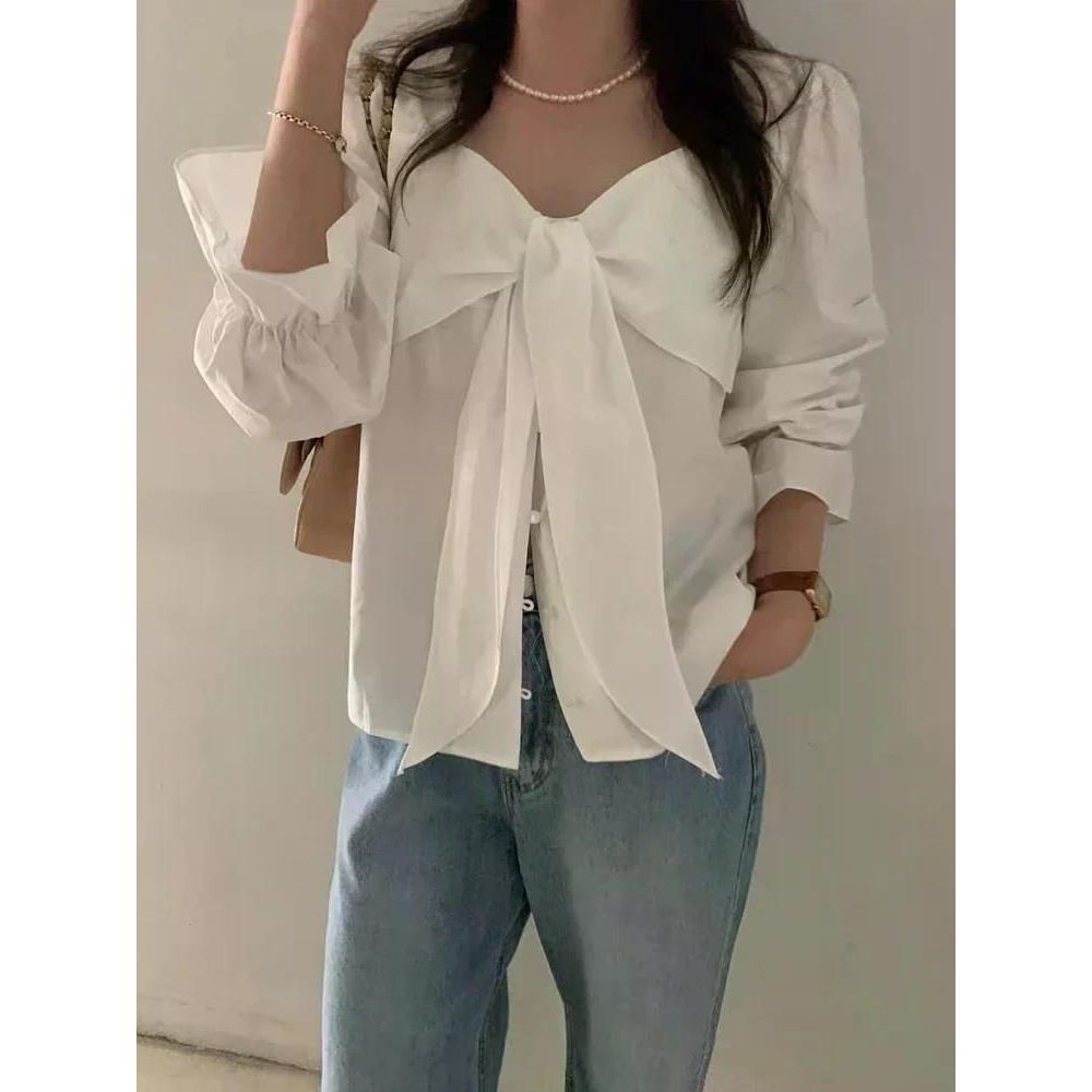 여친룩 슬리브 여성용 세련된 디자인 감각 틈새 셔츠 빈티지 - 메인 이미지