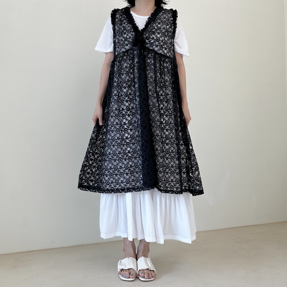 자체제작 빅사이즈 블랙 레이스 시스루 캉캉프릴 플라워 도트 패턴 레이어드 뷔스티에 원피스