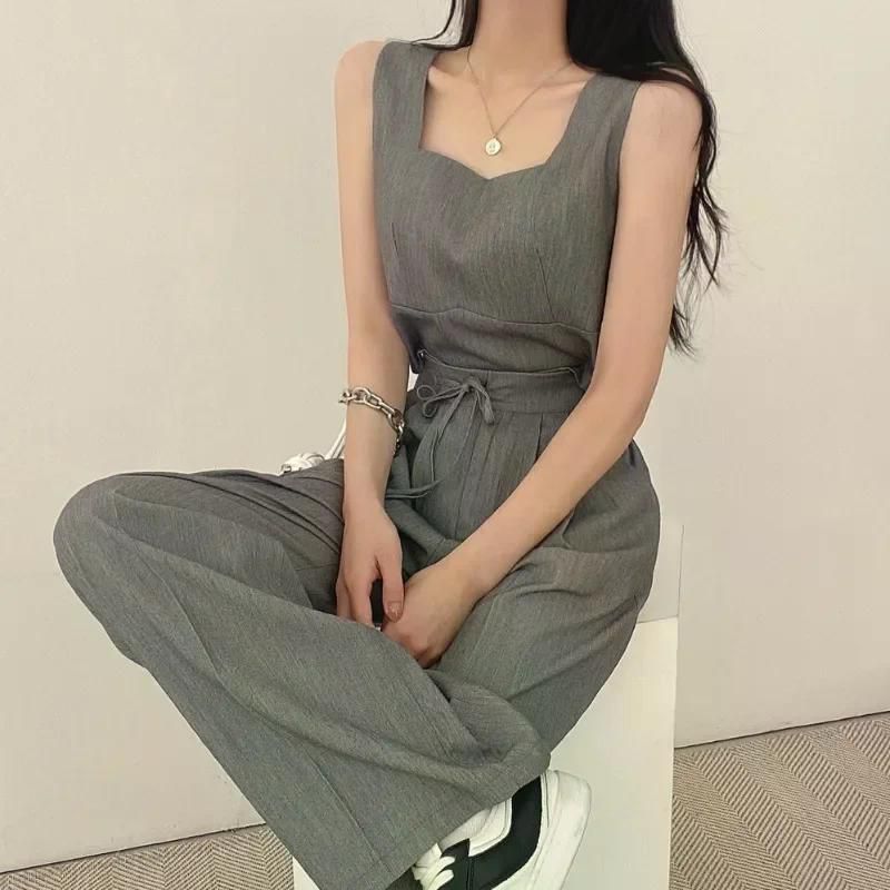 여친룩 세련된 캐주얼 투피스 우아한 여성 여름 새로운 스퀘어 칼라 조끼 바지 세트 정장 Grey - 상세 이미지 2
