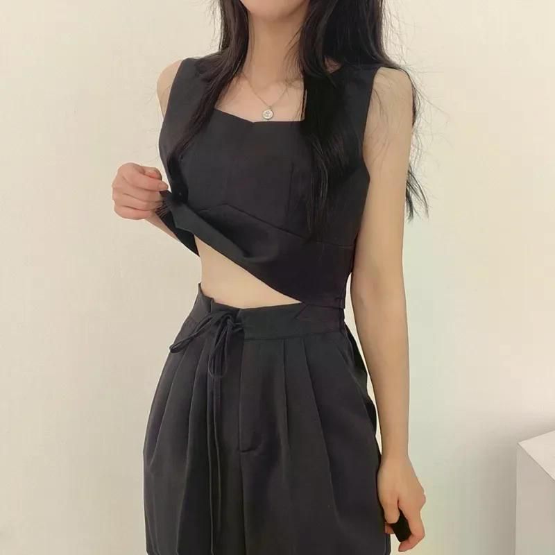 여친룩 세련된 캐주얼 투피스 우아한 여성 여름 새로운 스퀘어 칼라 조끼 바지 세트 정장 Grey - 메인 이미지