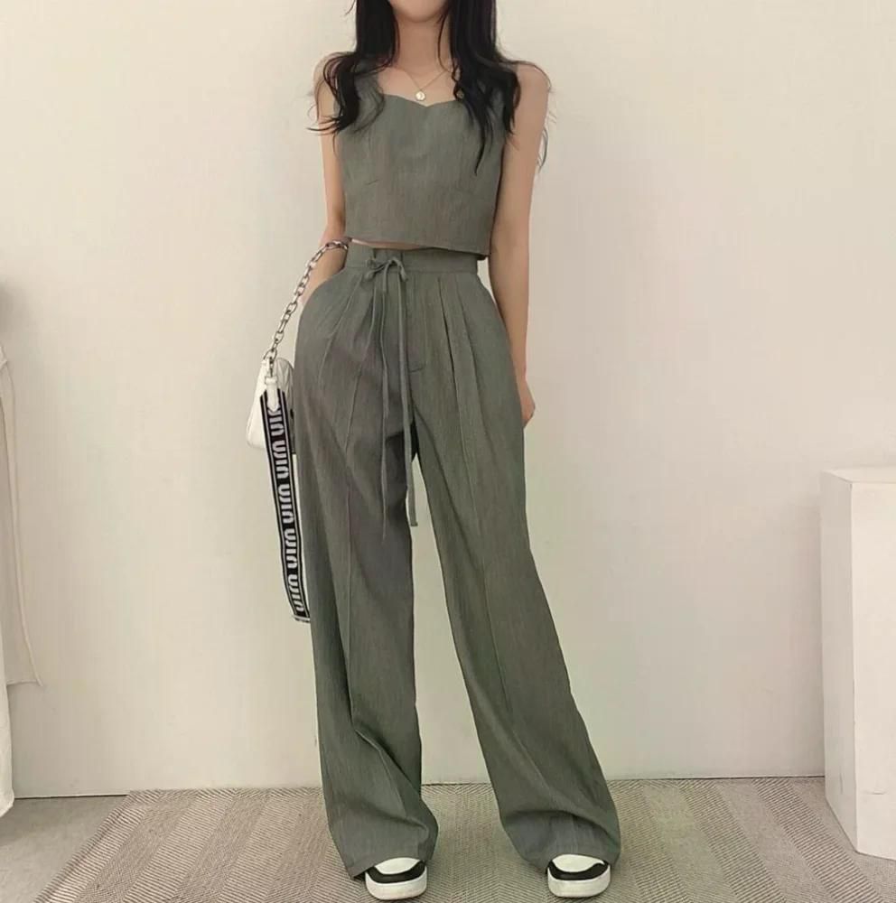 여친룩 세련된 캐주얼 투피스 우아한 여성 여름 새로운 스퀘어 칼라 조끼 바지 세트 정장 Grey - 상세 이미지 3