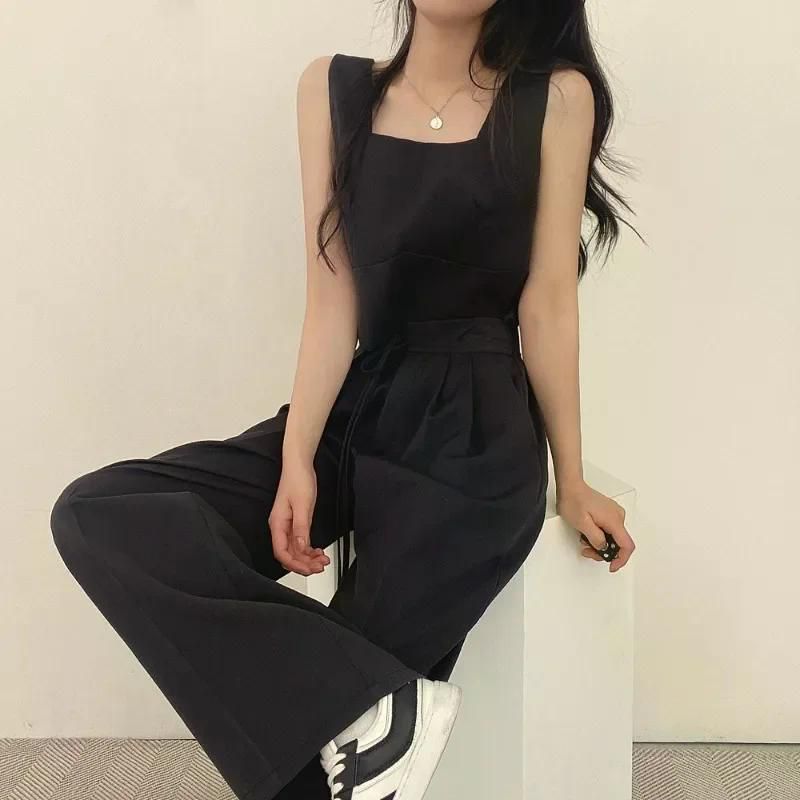여친룩 세련된 캐주얼 투피스 우아한 여성 여름 새로운 스퀘어 칼라 조끼 바지 세트 정장 Grey - 상세 이미지 4