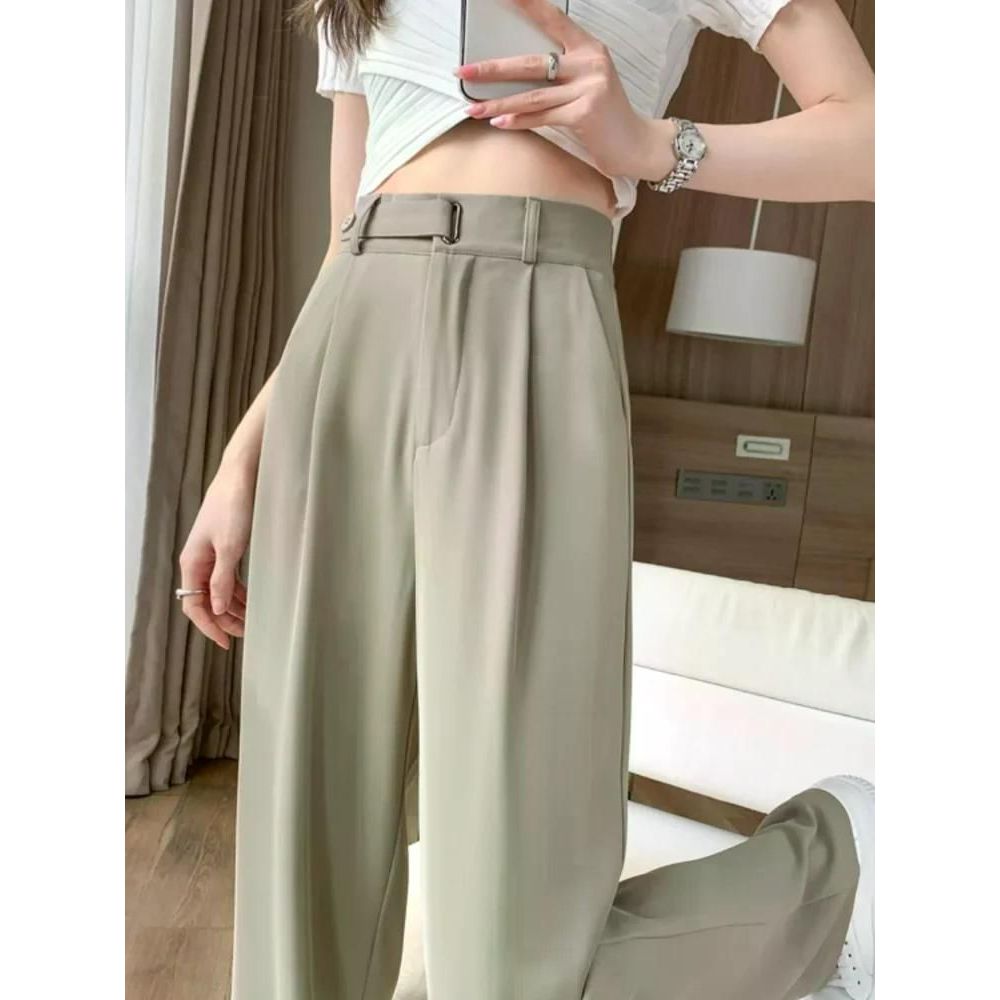 여친룩 여름 새로운 슬리밍 드레이프 캐주얼 바지 여성 하이엔드 실크 다리 정장 루즈 피트 - 메인 이미지