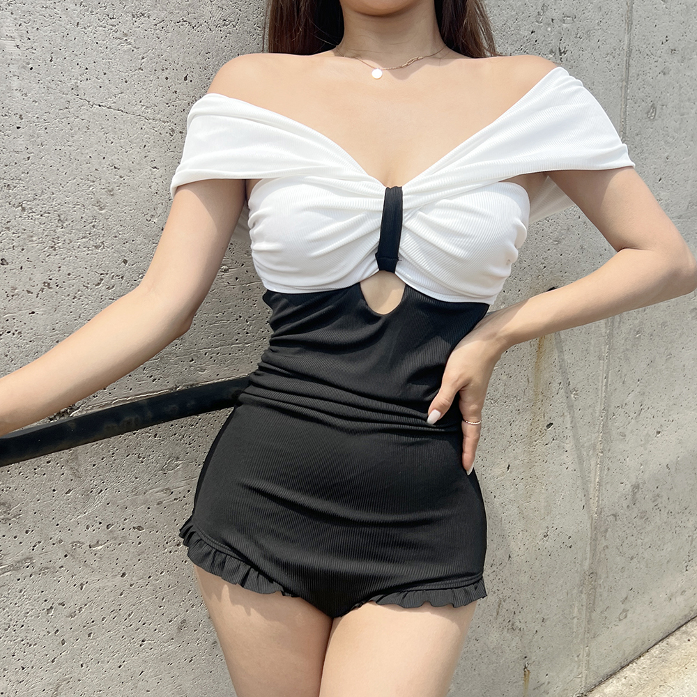 백조 프릴 배색 오프숄더 모노키니 비치룩 원피스 수영복 - 상세 이미지 3