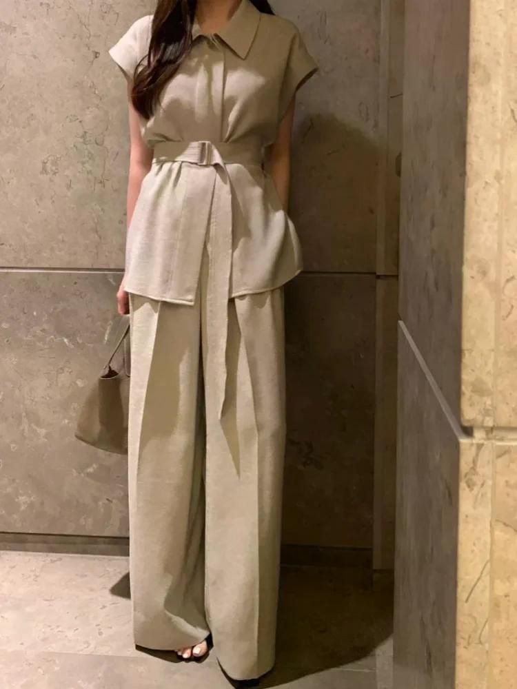 여친룩 여름 세련된 옷깃 민소매 묶인 넓은 다리 바지 투피스 양복 여성 패션 벨트 세트 화이트 수트 - 상세 이미지 5