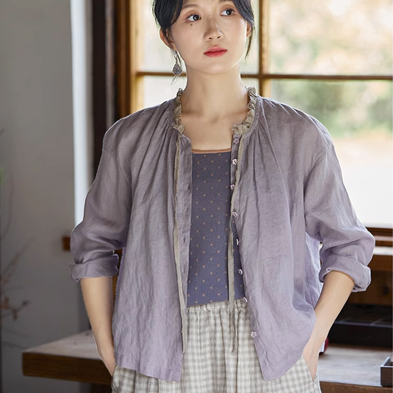 프릴블라우스 여성 린넨블라우스 바이올렛 - 상세 이미지 4