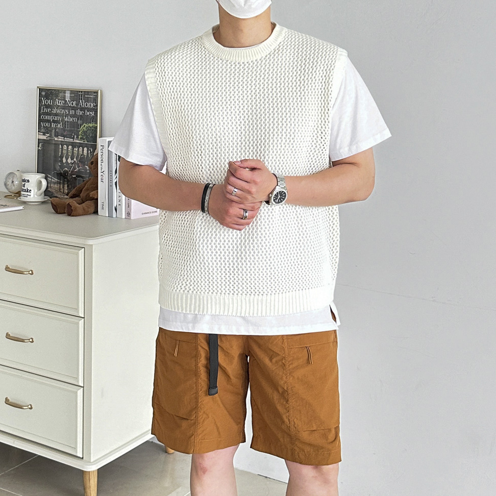 남자 오버핏 여름 니트 조끼 펀칭 라운드 루즈핏 그물 시스루 베스트 4color 이미지 6