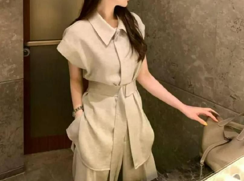 여친룩 여름 세련된 옷깃 민소매 묶인 넓은 다리 바지 투피스 양복 여성 패션 벨트 세트 화이트 수트 - 상세 이미지 2