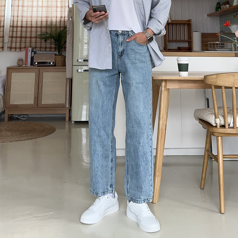 남자 와이드 청바지 9부 10부 빅사이즈 허벅돼 남자 청바지 - 메인 이미지