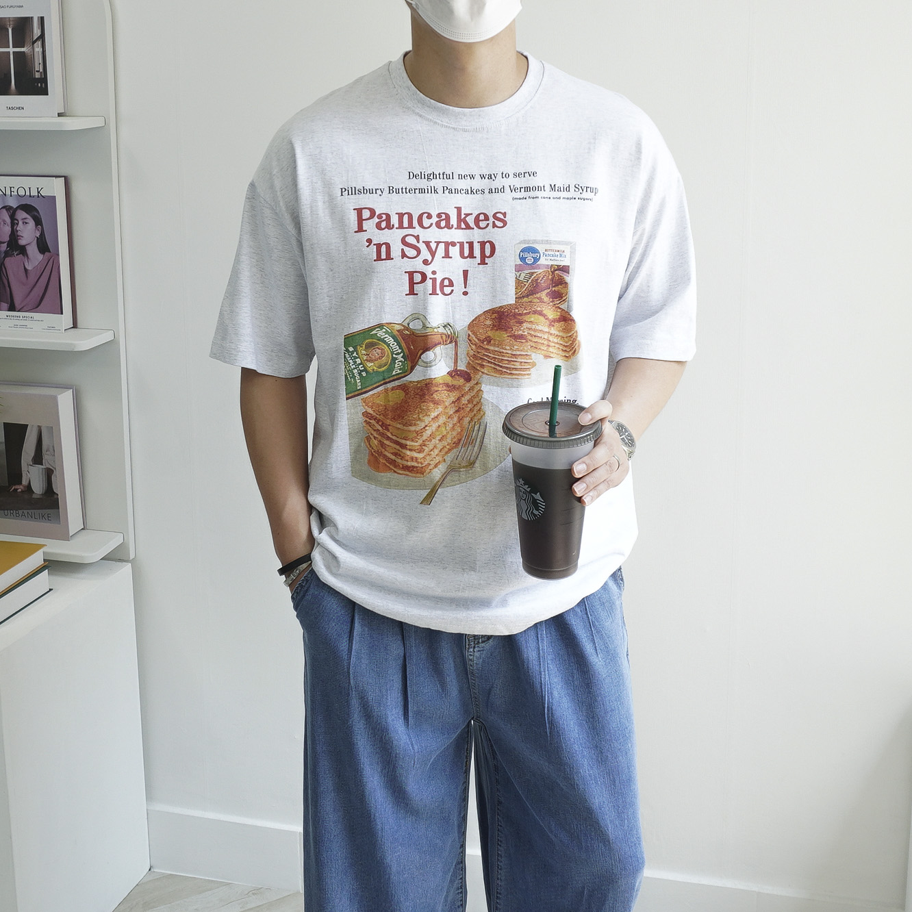 남녀공용 애플 파이 나염 프린팅 오버핏 반팔 티셔츠 3color - 상품 이미지