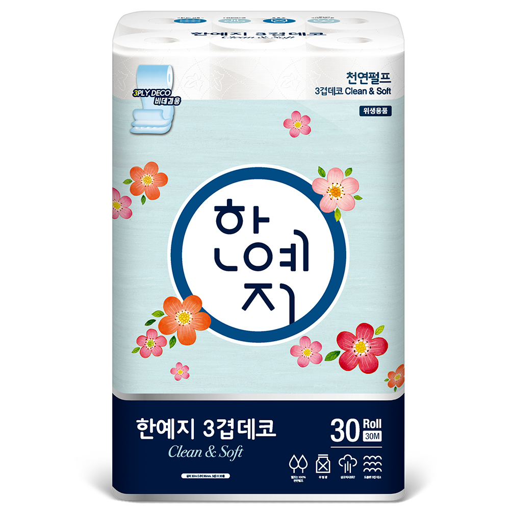 [구형]한예지 3겹데코 클린&소프트 천연펄프 화장지 30m 30롤