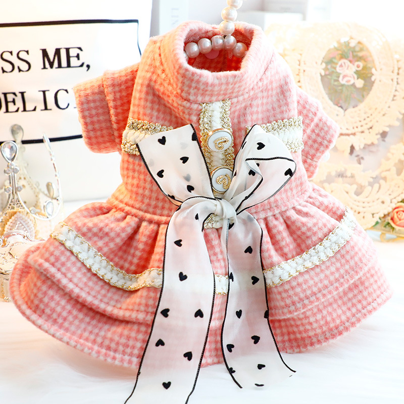 강아지 옷 봄 가을용 고양이 공주 드레스 하운드투스 체크 트위드 코트 리본 원피스