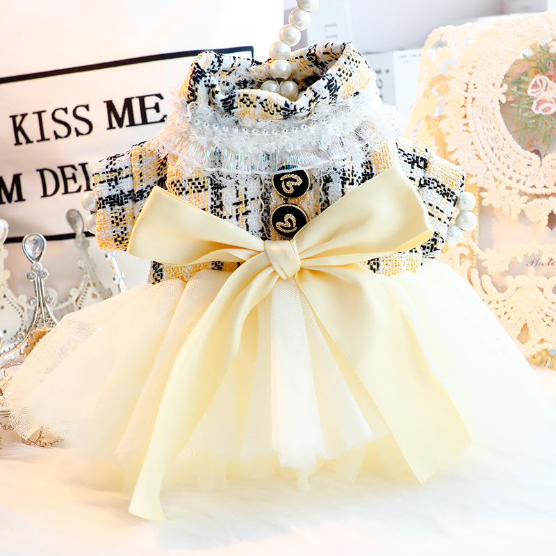 강아지 옷 봄 가을용 고양이 공주 드레스 리본 웨딩룩 트위드 샤 원피스