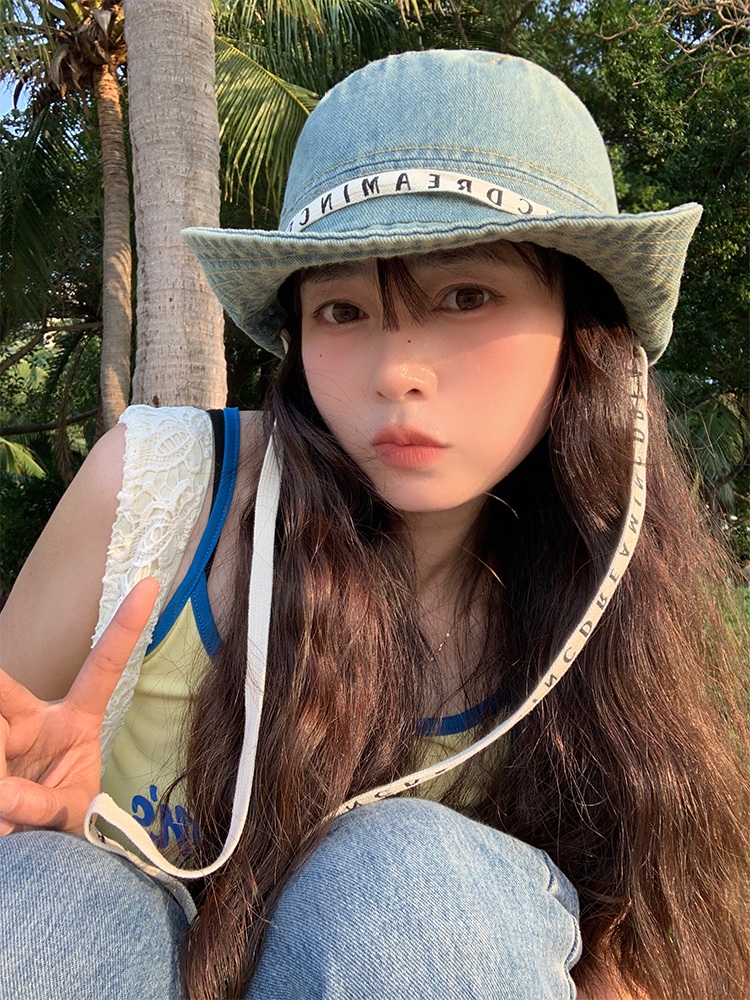 스트랩 데님 버킷햇 머리둘레조절가능 예쁜 디자인 여행 캐주얼 고급 연예인 벙거지 모자 - 상세 이미지 5