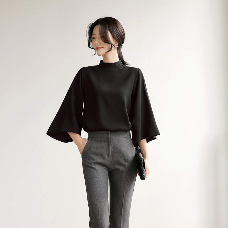봄 가을  스탠드카라 쉬폰 7부 와이드 벨 플레어 슬리브 소매 블라우스