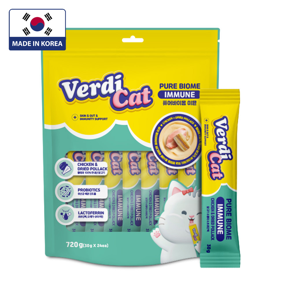 베르디캣 퓨어바이옴 국산 대용량 유산균 츄르 치킨 황태(이뮨), 30g, 24개
