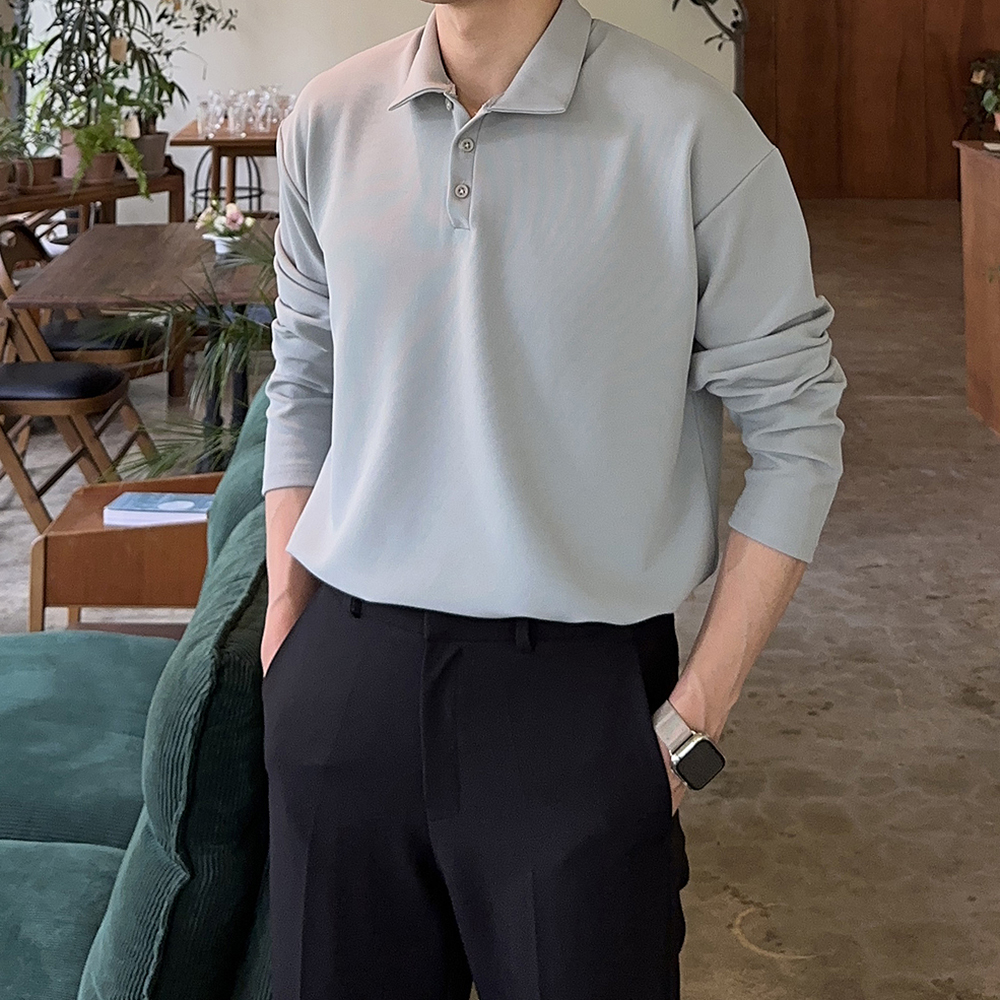 남자 카라티 구김없는 오버핏 피케 헨리넥 남자 긴팔티 이미지 3