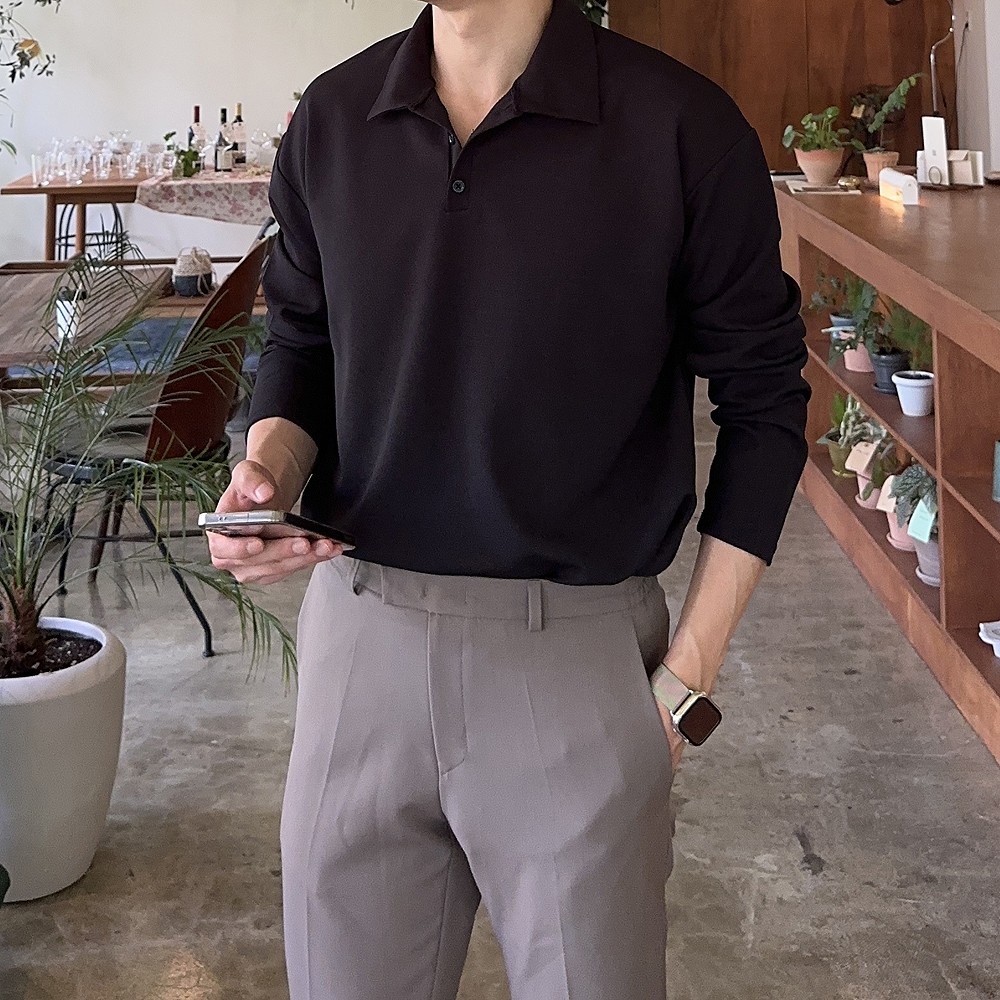 남자 카라티 빅사이즈 구김없는 헨리넥 단추 남자 긴팔티