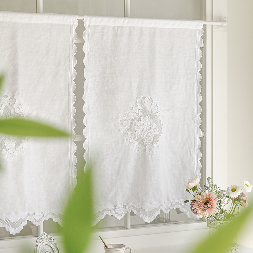 로잘리 프렌치 고급 린넨 자수 주방 작은 창문 바란스 가리개 미니 커튼 패브릭 가림막