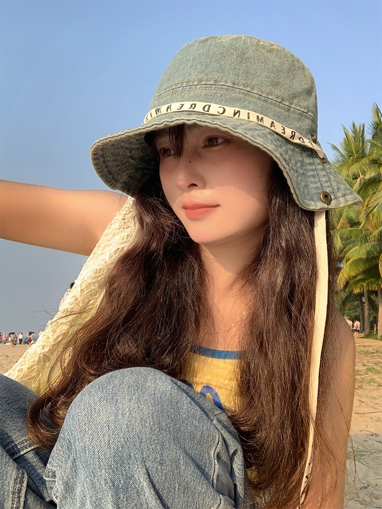 스트랩 데님 버킷햇 머리둘레조절가능 예쁜 디자인 여행 캐주얼 고급 연예인 벙거지 모자 - 상세 이미지 3