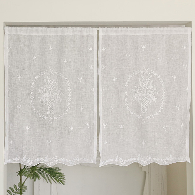 로잘리 프렌치 고급 린넨 자수 주방 작은 창문 바란스 가리개 미니 커튼 패브릭 가림막