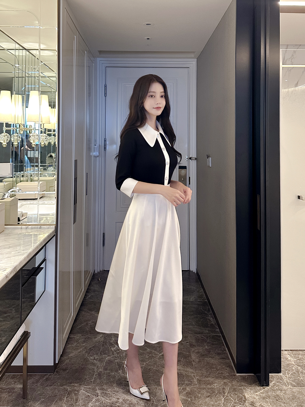 블링 실크 카라 보석 큐빅 칠부 가디건 니트 (3Color) - 상세 이미지 4