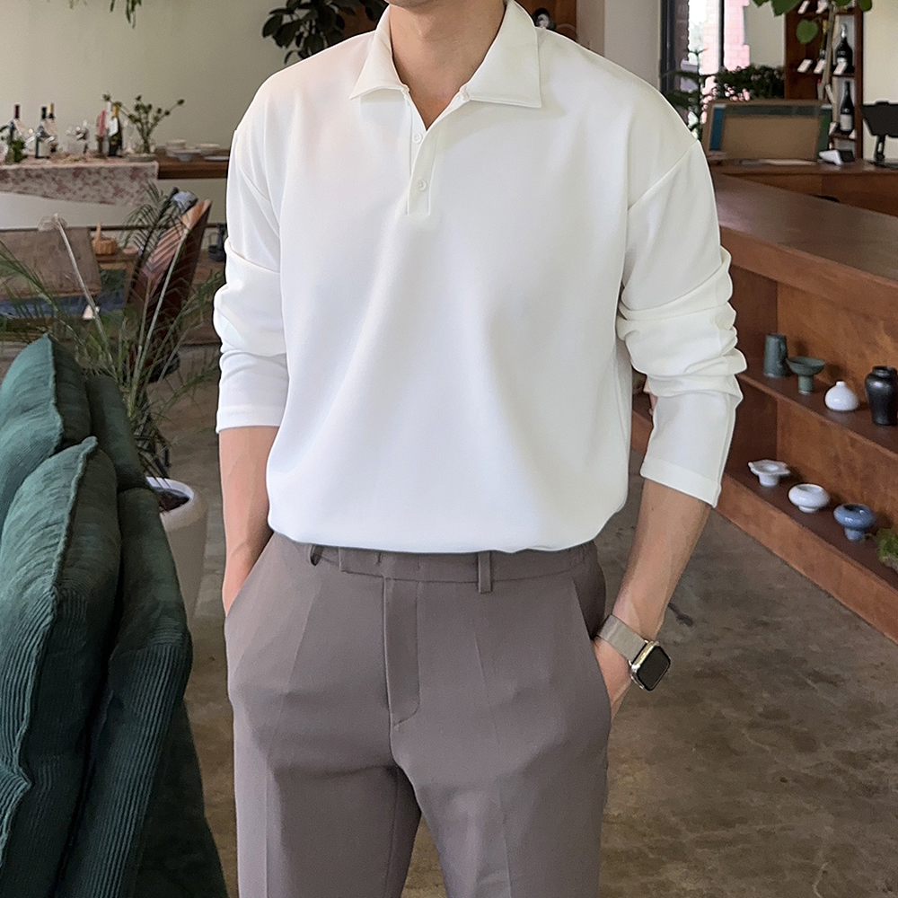 남자 카라티 구김없는 오버핏 피케 헨리넥 남자 긴팔티