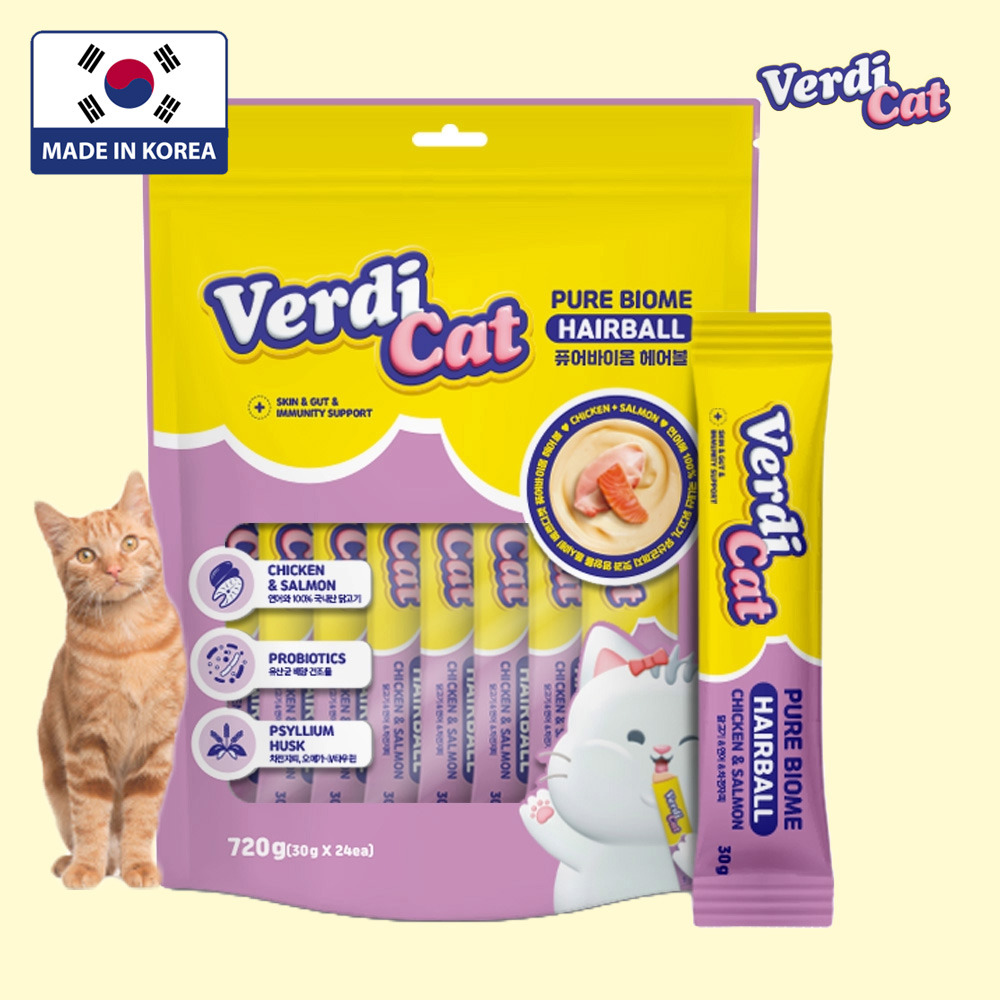베르디캣 퓨어바이옴 국산 대용량 유산균 츄르 치킨 연어(헤어볼), 30g, 24개