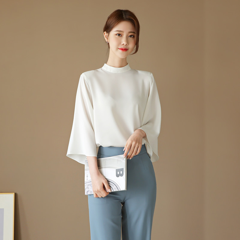봄 가을  스탠드카라 쉬폰 7부 와이드 벨 플레어 슬리브 소매 블라우스 - 상세 이미지 2
