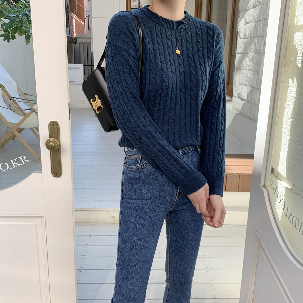 부드러운 루즈핏 긴팔 꽈배기 니트 케이블 니트 가을 겨울 여성 니트 티