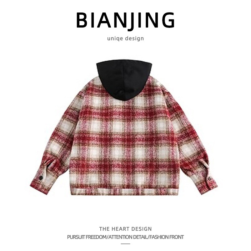 체크 모직 남방후드 자켓 점퍼 빈티지 유니크 힙한 디자인 루즈핏 명품느낌 아이돌패션 레드 상품 이미지