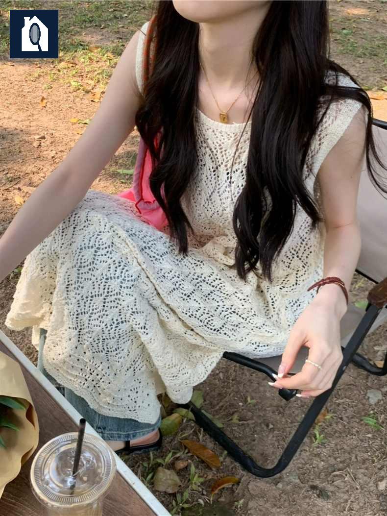 시스루 레이어드 펀칭 롱 민소매 그물 원피스 레이스 - 상세 이미지 4