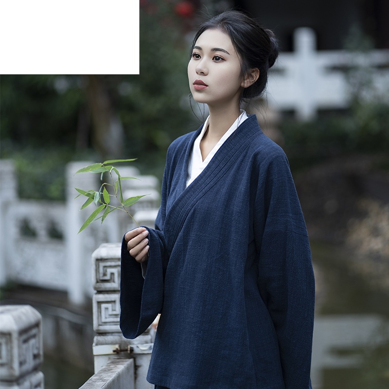 중국풍 가운 블루 점복 의상 불교 전통 쿵후 승려  남색 여름 겉옷 XS - 상품 이미지