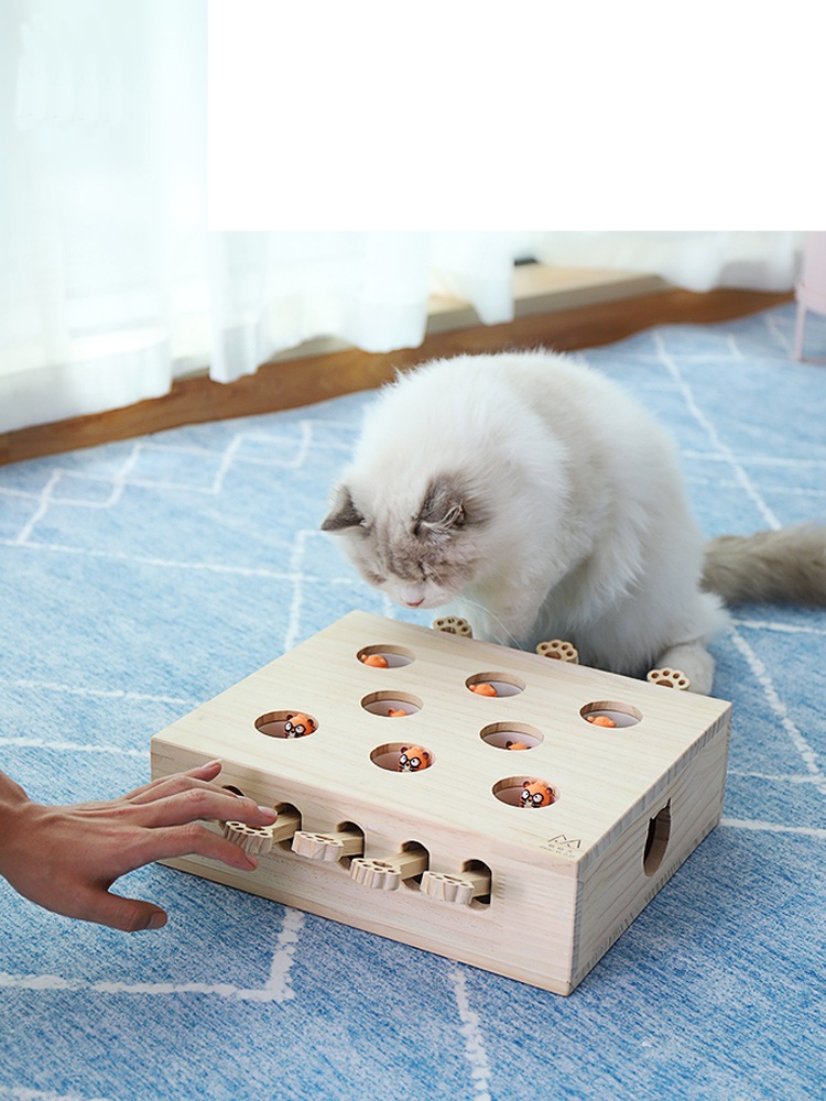 고양이 두더지잡기 장난감 캣 펀치 사냥 놀이 반려묘 원목 5공-모피쥐 - 상품 이미지