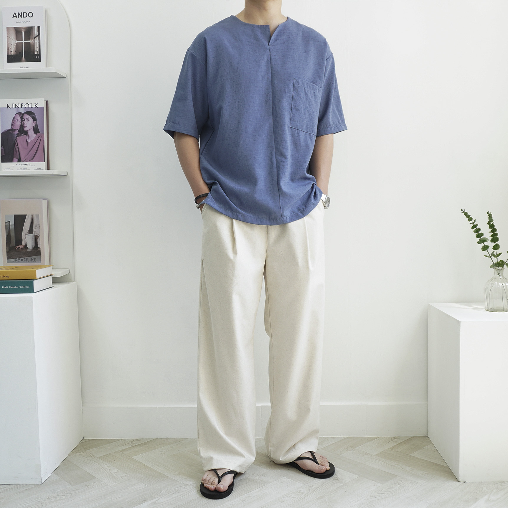남자 여름 린넨 슬릿넥 반팔티 노카라 트임 헨리넥 루즈핏 포켓 반팔 티셔츠 5color - 상세 이미지 3