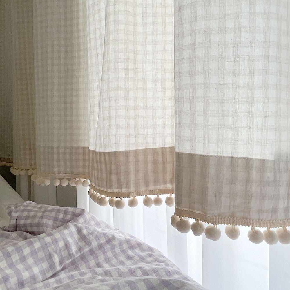 바이아미 멜란 체크 폼폼 커튼-오트밀 아이방 여아 남아